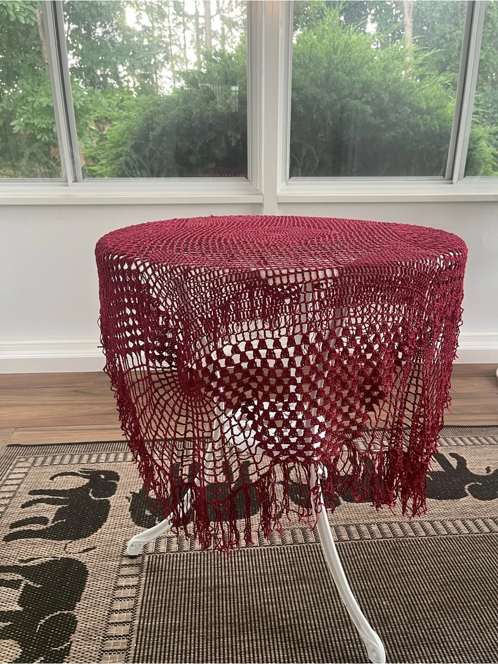 Antique Hand Crochet Burgundy Fringe Tablecloth